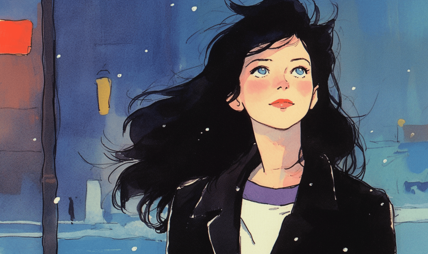 Young woman with long dark hair and blue eyes looking up at falling snow in a city.