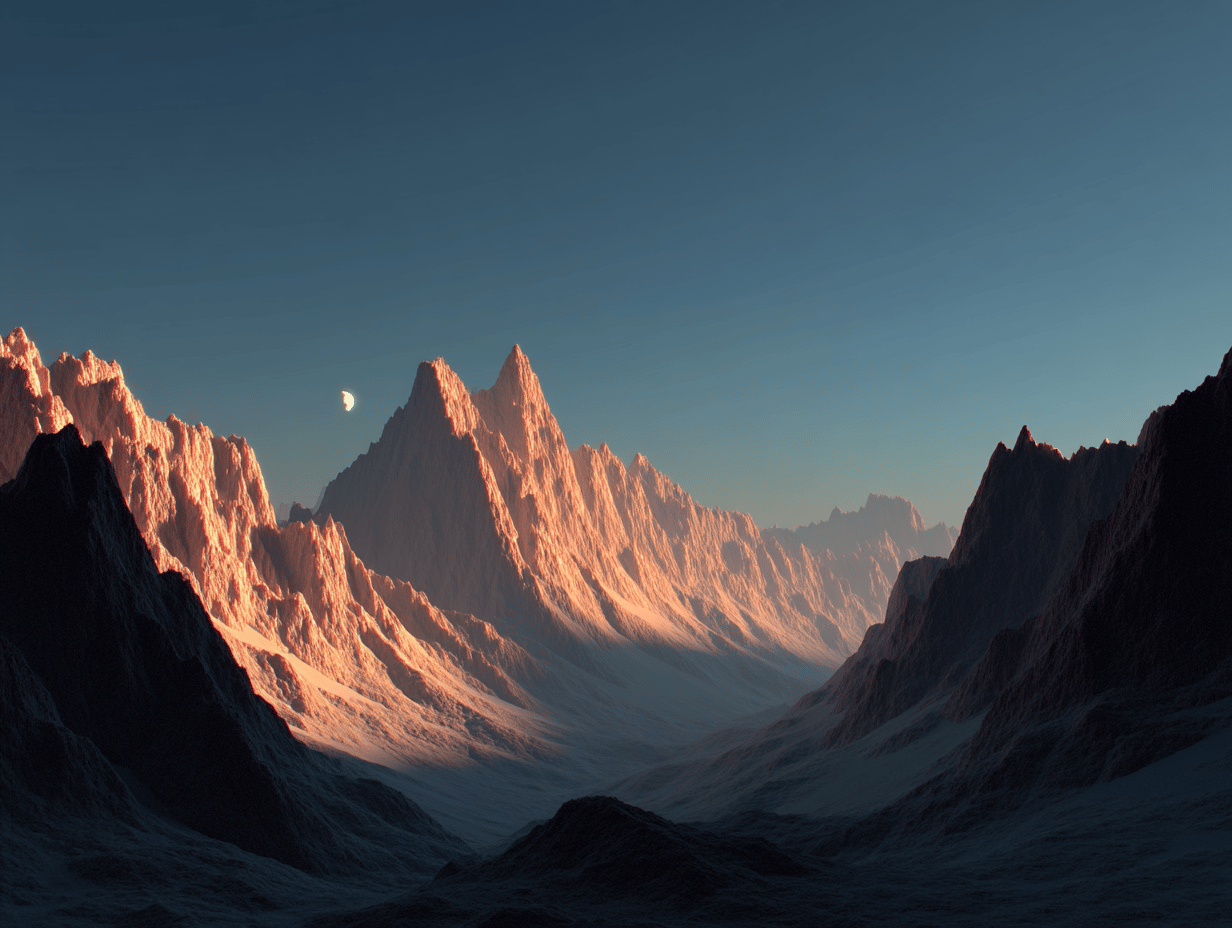 Sharp mountain peaks illuminated by golden sunlight against a dark blue sky with a small crescent moon.
