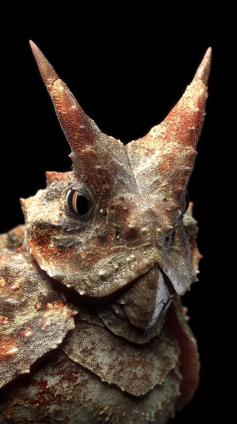 Close-up macro portrait of a horned lizard with sharp horns and textured scales against a black background.