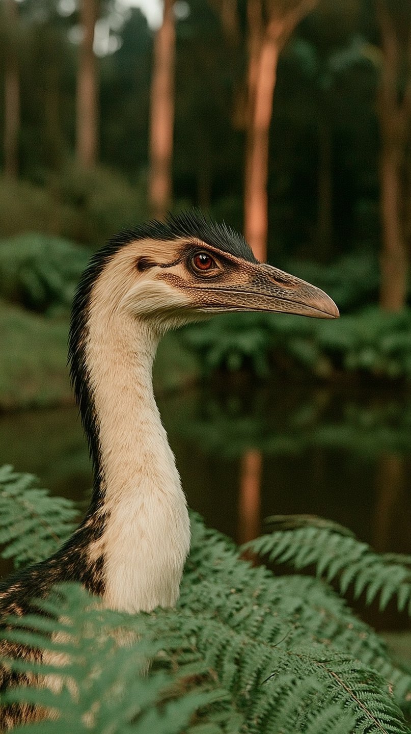 Profile of a long-necked prehistoric bird with a black crest peering through green ferns in a forest.