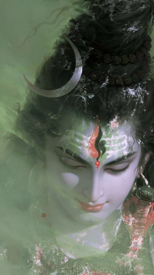 Close-up digital painting of Lord Shiva meditating with closed eyes amidst ethereal green mist and sacred symbols.