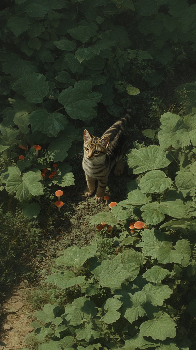 Small striped kitten looking up while standing between large green leaves and orange mushrooms in the woods.