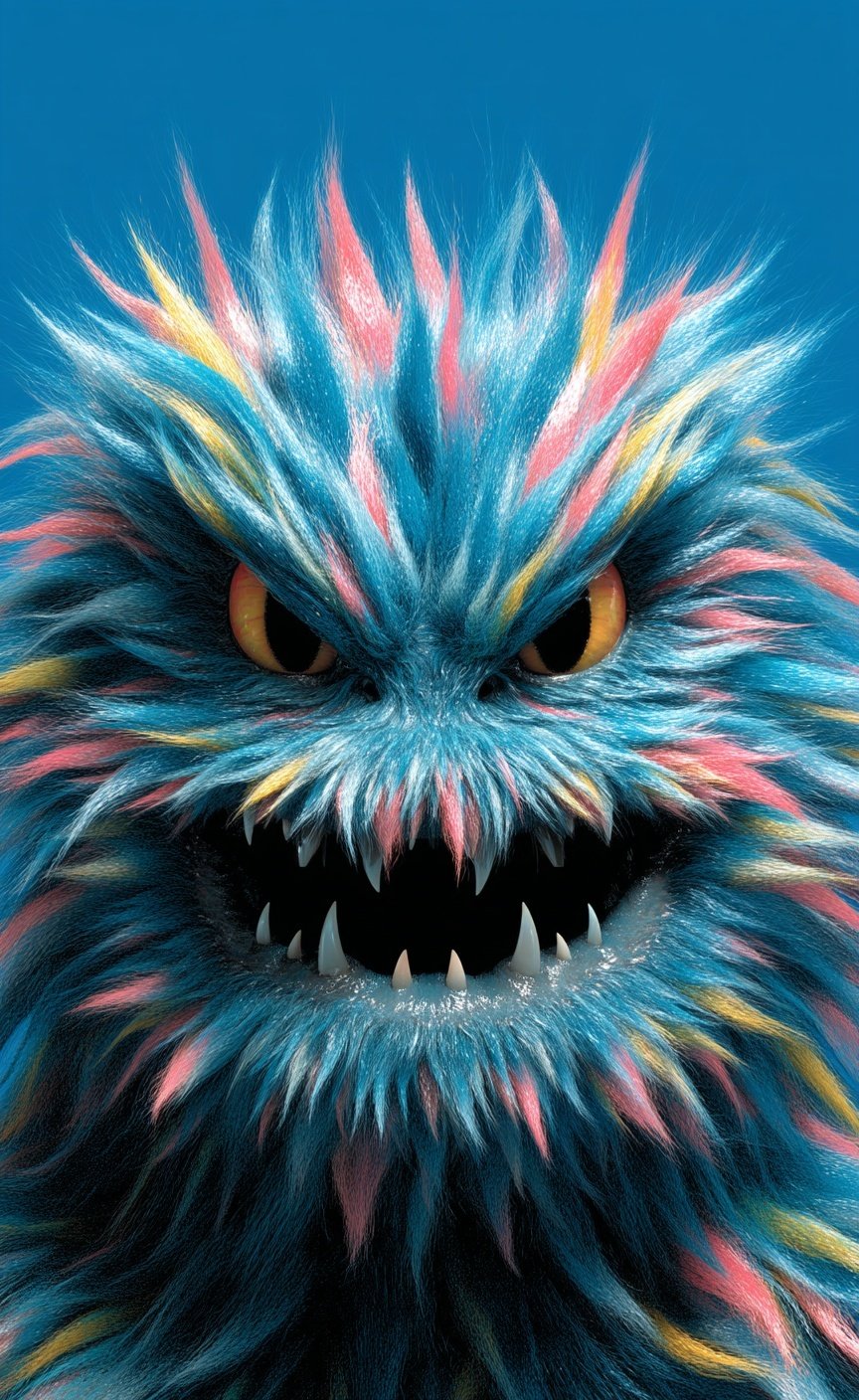 Close-up of a colorful furry monster with orange eyes and sharp teeth against a blue background.