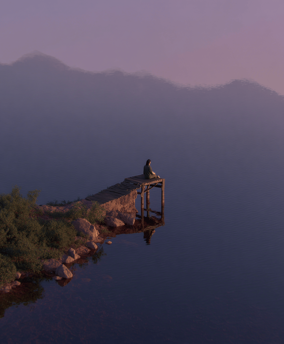 Lone figure sits at the edge of a rustic wooden dock overlooking calm violet water under misty mountains.