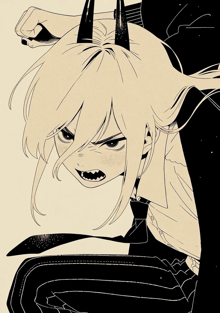 High-contrast manga illustration of Power from Chainsaw Man snarling with sharp fangs and black horns.