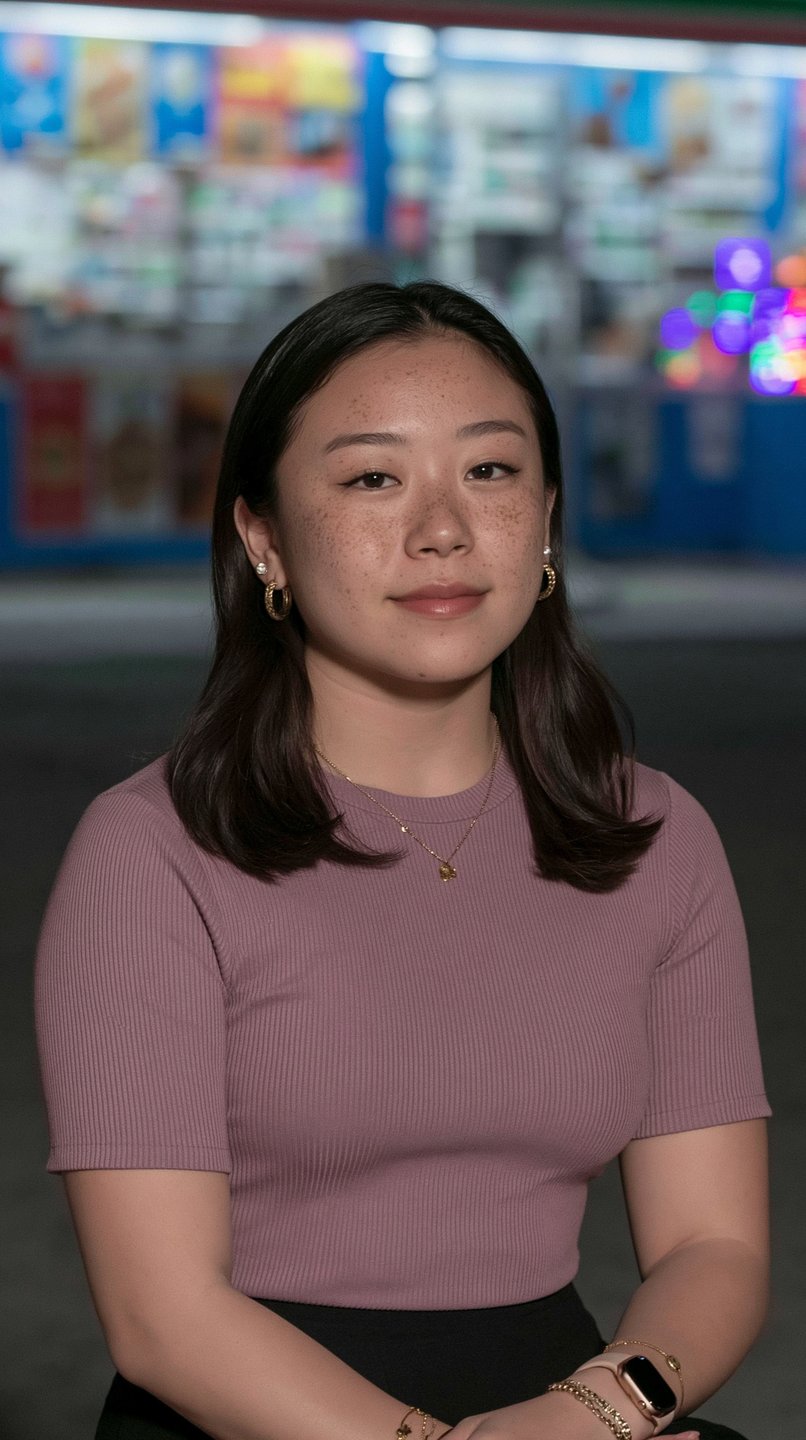 Young woman with freckles wearing a mauve ribbed top and gold jewelry against a blurred city background.