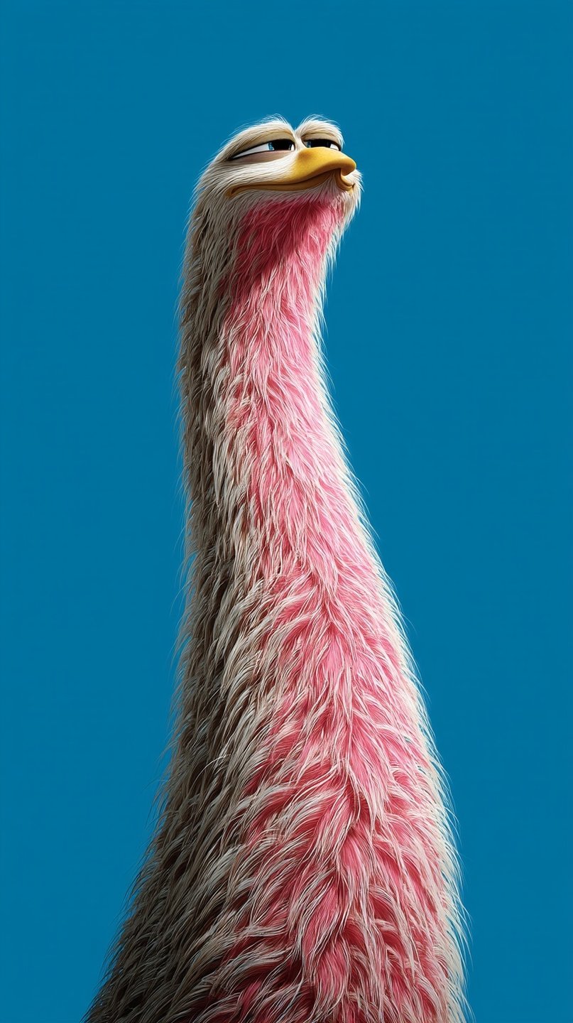 Stylized 3D animated bird with a long pink neck and smug expression against a blue background.
