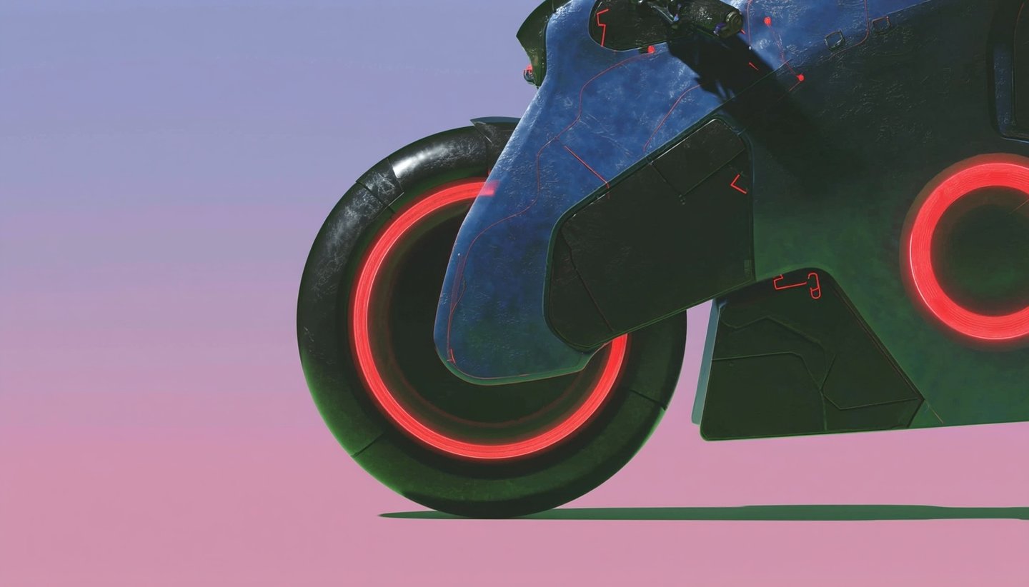 Close-up of a futuristic blue motorcycle with a glowing red neon wheel against a pink and purple background.