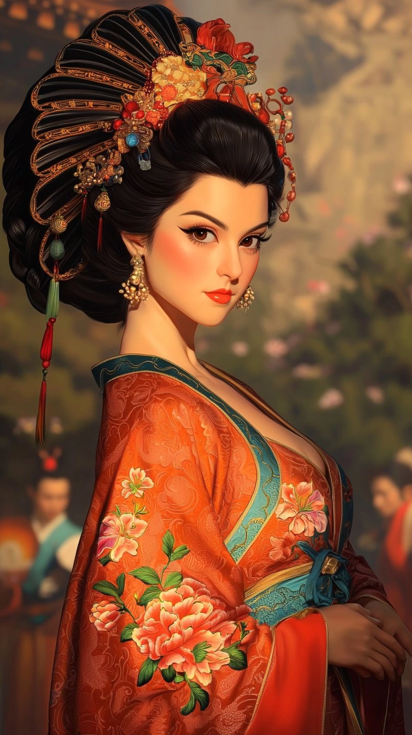 Noblewoman in ornate orange silk robe and architectural headpiece poses against a soft-focus historical courtyard setting.