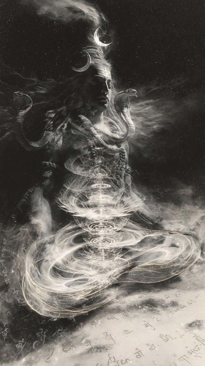 Monochrome depiction of Lord Shiva meditating in space with glowing kundalini energy chakras and rearing cobras.