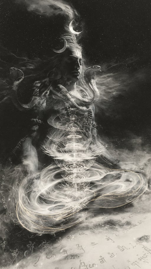 Monochrome depiction of Lord Shiva meditating in space with glowing kundalini energy chakras and rearing cobras.
