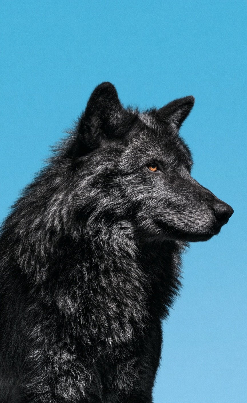 Profile of a black timber wolf with a piercing amber eye against a solid bright blue background.
