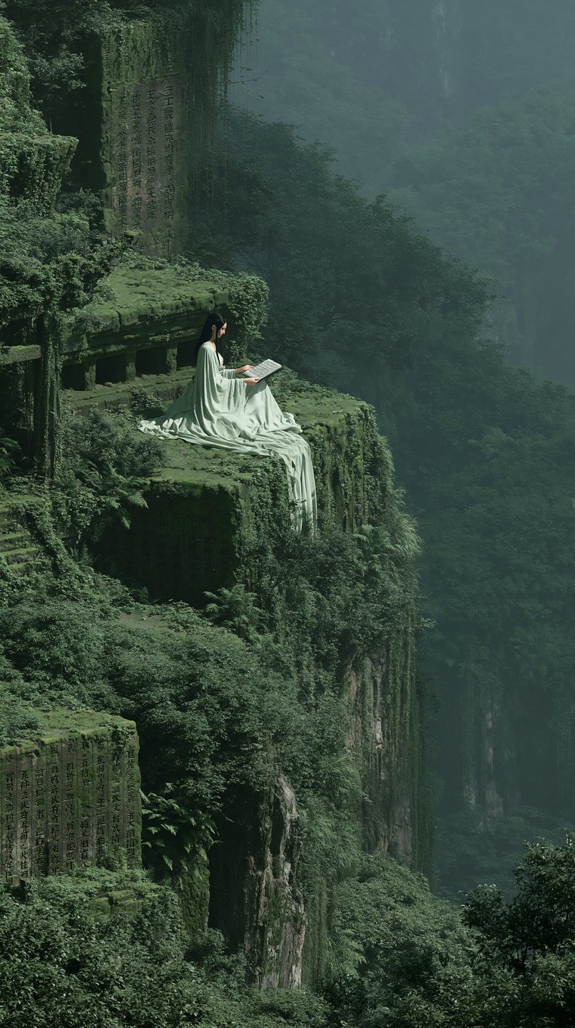 A woman in a flowing green robe sits on a mossy cliff edge reading, surrounded by misty mountains.