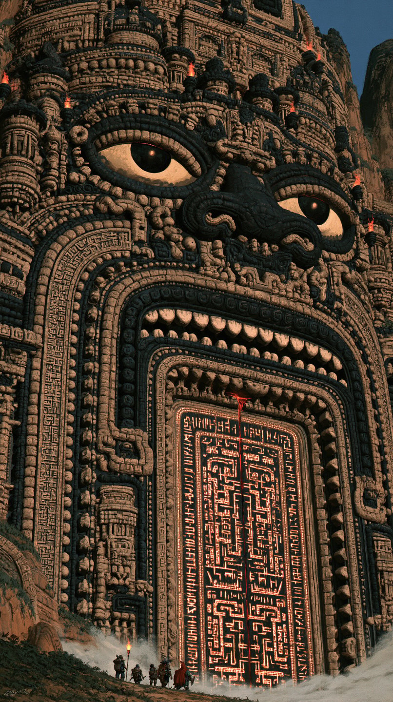 A colossal stone face carved into a cliffside with a glowing runic door, dwarfing tiny explorers below.