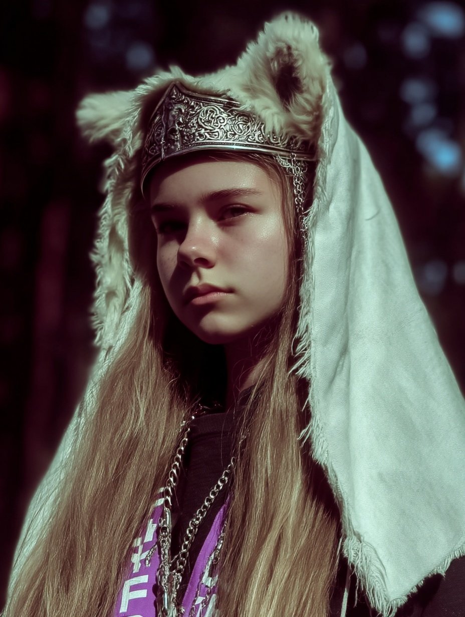 Young woman wearing a silver crown and white fur-eared hood stares stoically in moody forest lighting.