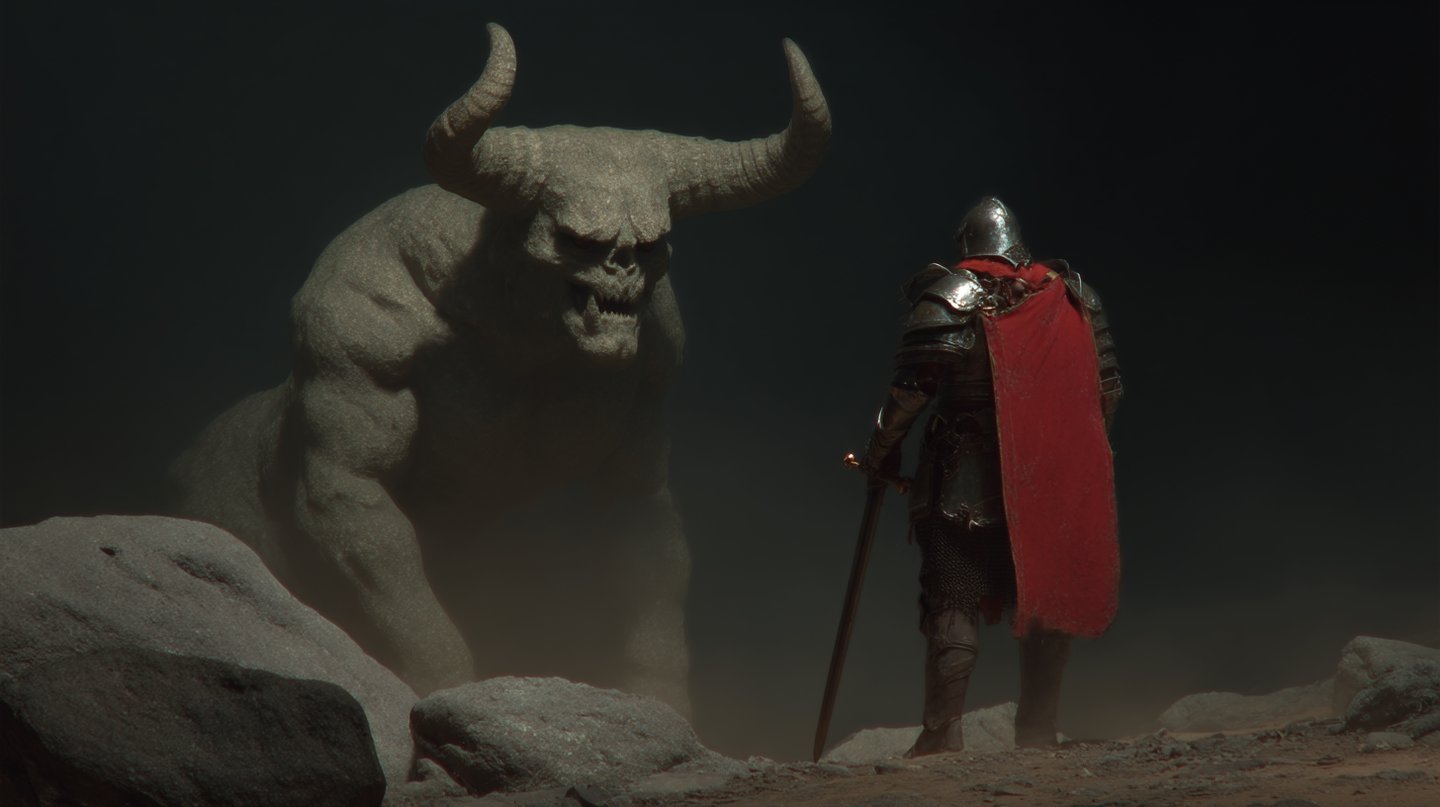 Knight in armor with a red cape stands before a massive horned beast in a dark cave.