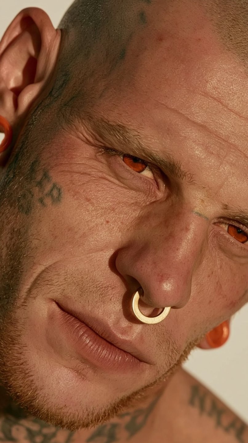 Close-up portrait of a tattooed man with red contact lenses, a gold septum ring, and orange gauges.