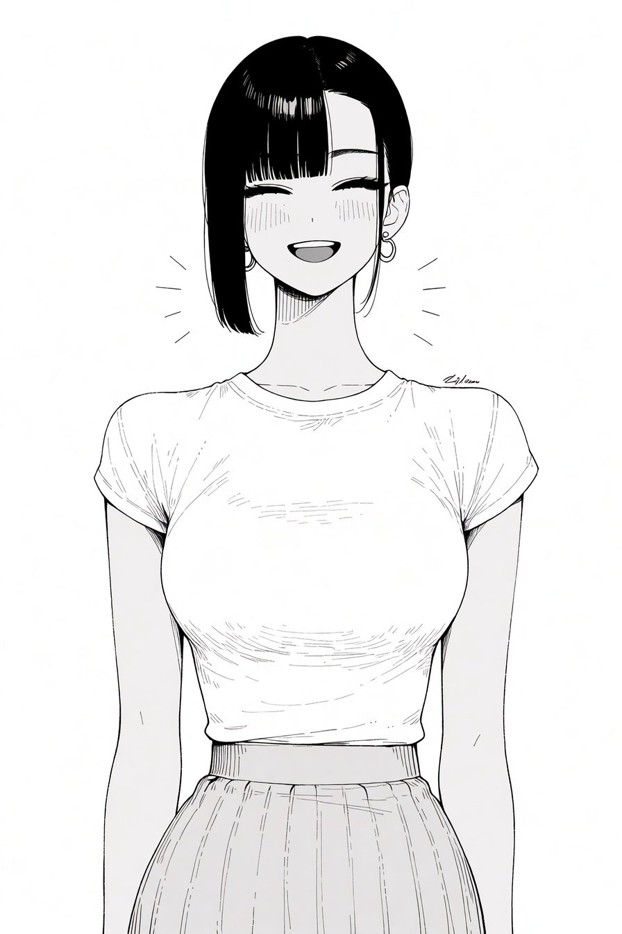 Smiling young woman with short black hair wearing a white t-shirt and pleated skirt in manga style.