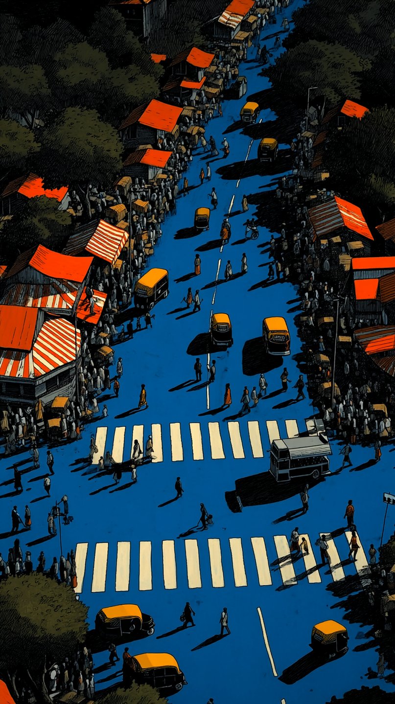 Stylized illustration of a busy cobalt blue street with yellow rickshaws, orange rooftops, and long pedestrian shadows.