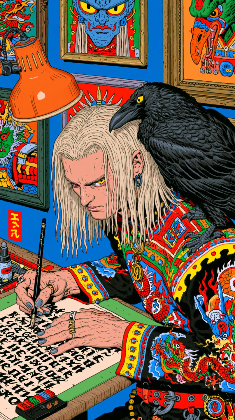 A silver-haired man in a vibrant patterned tunic drafts calligraphy with a black raven perched on his shoulder.