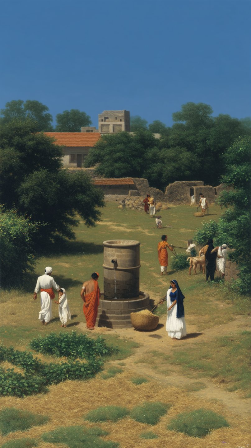 Villagers in traditional white and orange garments gather around a stone water well in a lush landscape.