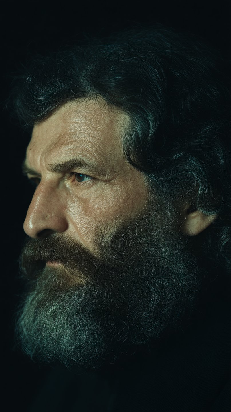 Cinematic profile of an older bearded man with weathered skin against a black background using chiaroscuro lighting.
