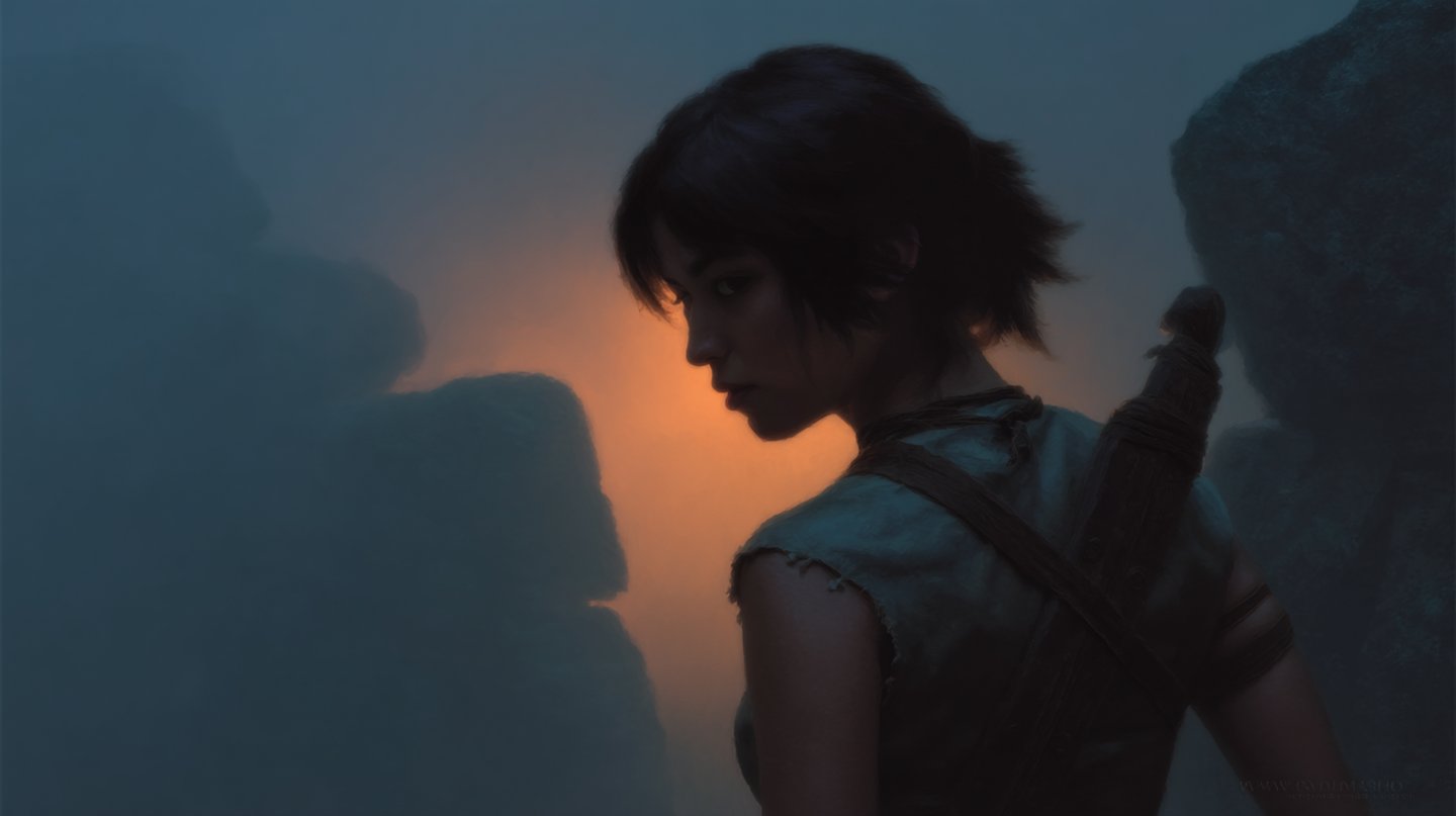 A female adventurer with short dark hair looks back against a foggy orange sunset and dark rocks.