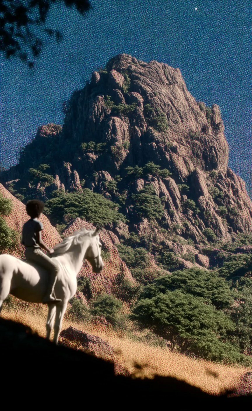 Rider on a white horse gazes at a towering, craggy mountain peak under a grainy blue sky.