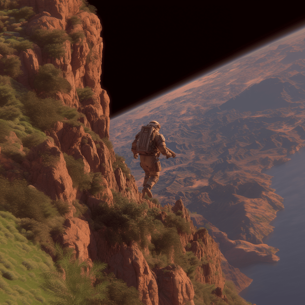 Astronaut in a tan suit leaps from a rocky, vegetated cliff overlooking a vast alien mountain range.