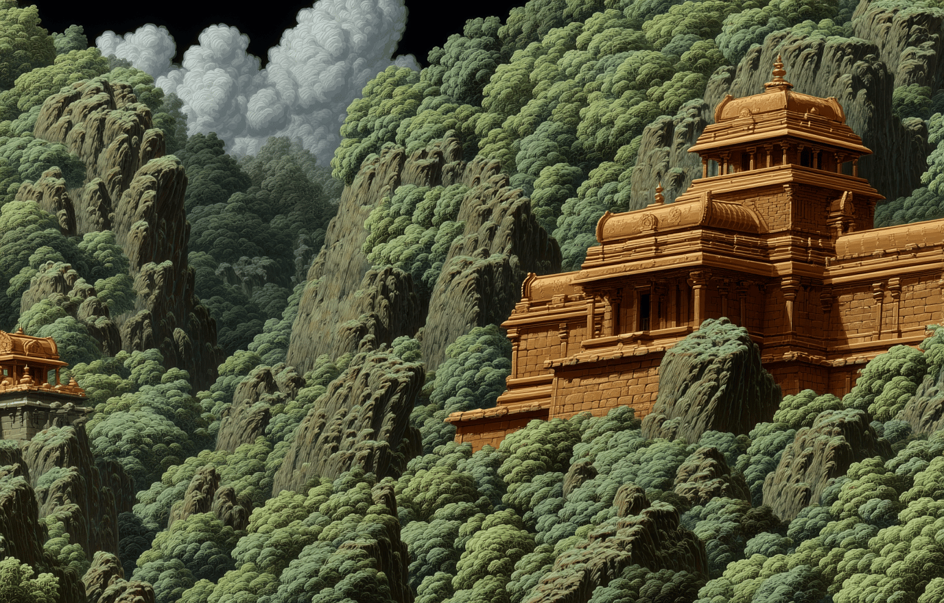 Ancient sandstone temple integrated into a lush green mountain slope with stylized clouds in the background.