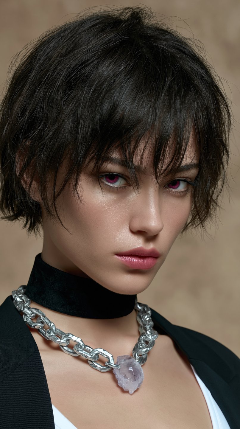 Young woman with magenta eyes and short dark hair wearing a silver chain with a crystal pendant.