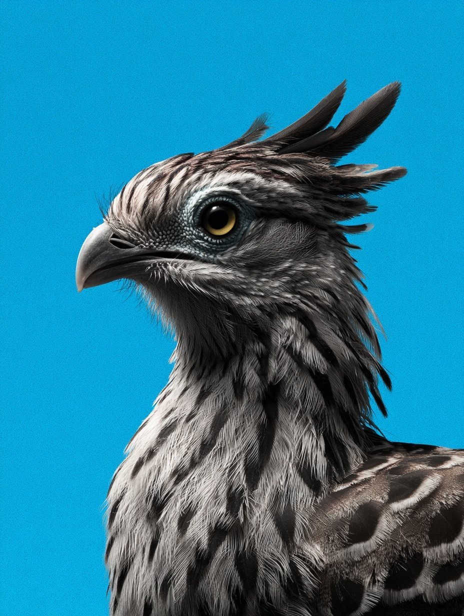 Detailed profile of a crested bird with grey patterned feathers and yellow eyes against blue.