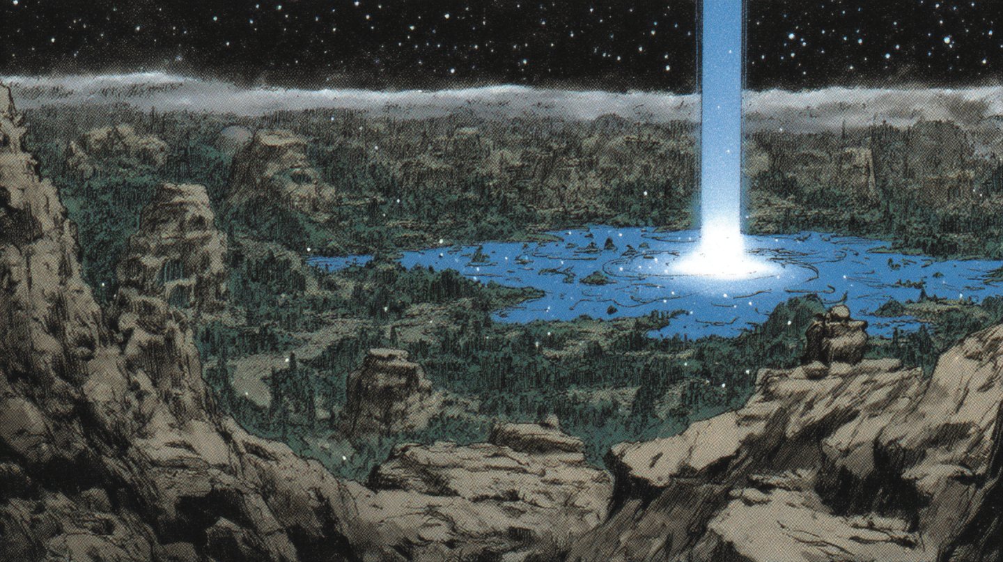 Luminous blue light pillar descending from a starry sky into a central lake within a rocky valley.