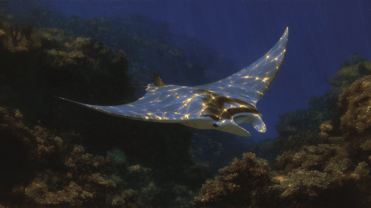 A large manta ray glides through dark blue water with golden sunlight patterns reflecting on its back.