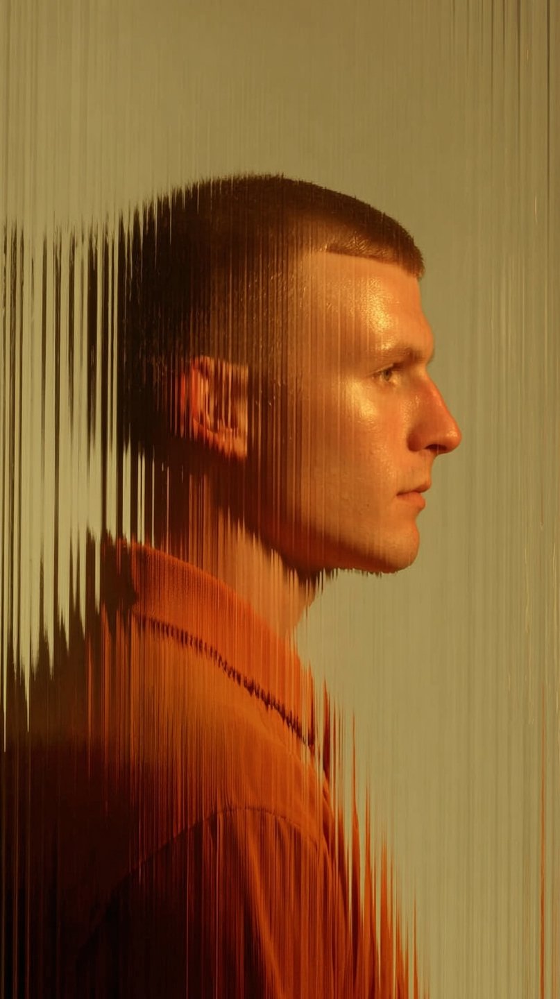 Profile of a young man in an orange shirt with vertical pixel sorting distortion and golden lighting.