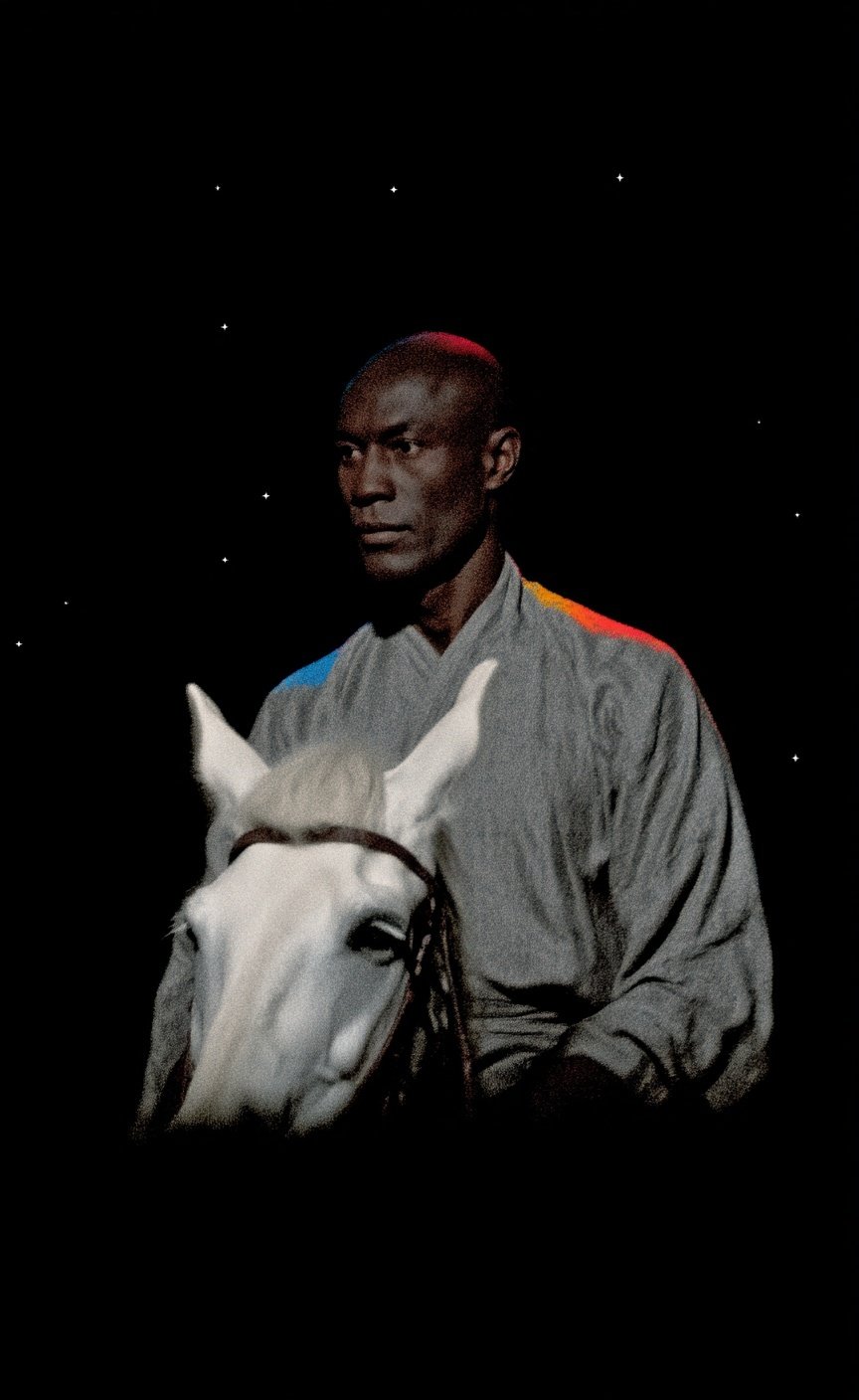 A stoic black man in a grey robe rides a white horse against a starry black background.