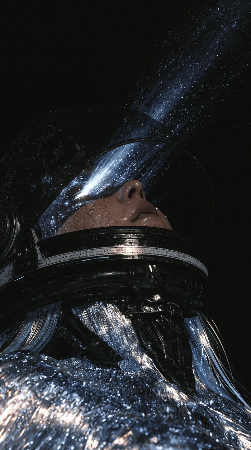 Female astronaut in a reflective chrome suit looks upward into a brilliant beam of cosmic stardust.