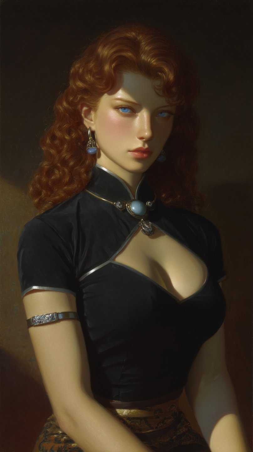 Poised young woman with curly red hair and blue eyes wearing a black velvet dress with silver jewelry.