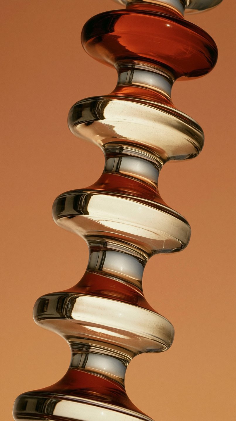 A tiered amber and clear glass candlestick stands vertically against a solid warm terracotta background.