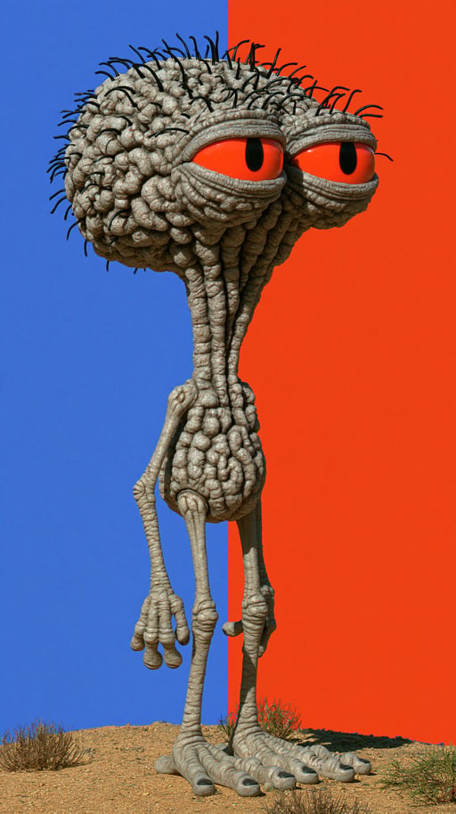 Textured grey alien creature with large red eyes stands on sand against a split blue and red background.