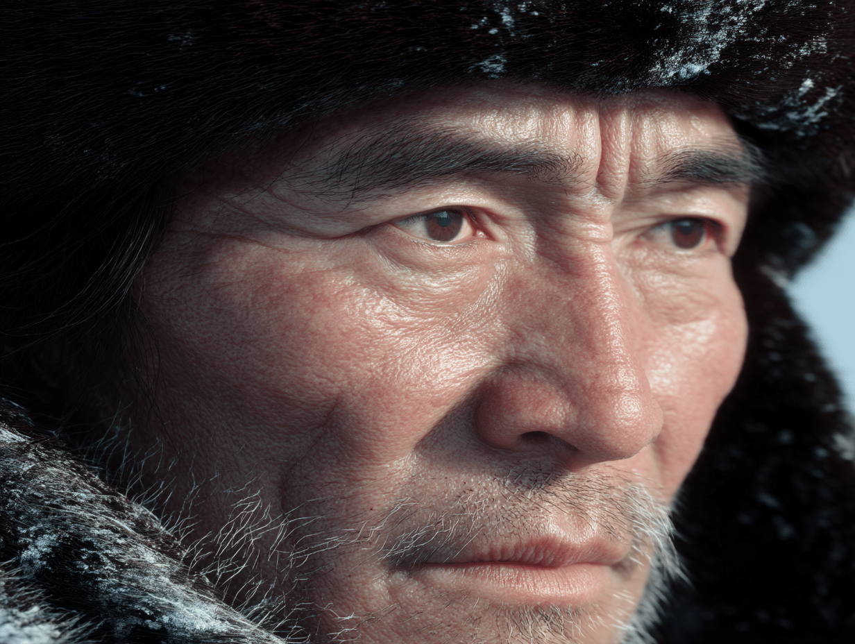 Macro portrait of an elderly man with weathered skin wearing a snow-dusted fur hat and collar.