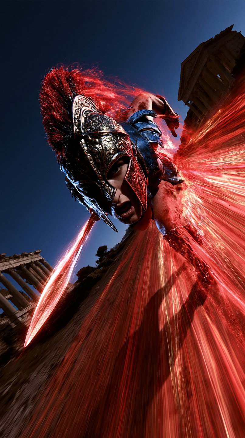 A female Spartan warrior in an ornate helmet charges forward with a glowing red sword amidst ancient ruins.