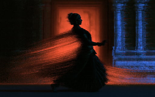 A dark female silhouette disintegrates into a trail of red sand particles before a glowing red doorway.