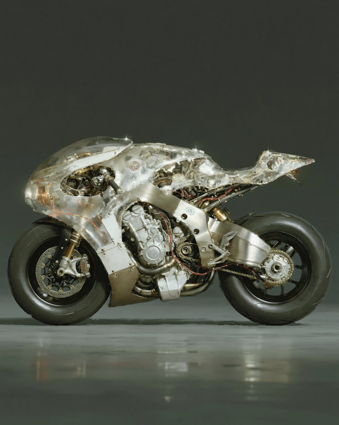 Profile view of a futuristic motorcycle with translucent bodywork and exposed mechanical components in a dark studio.