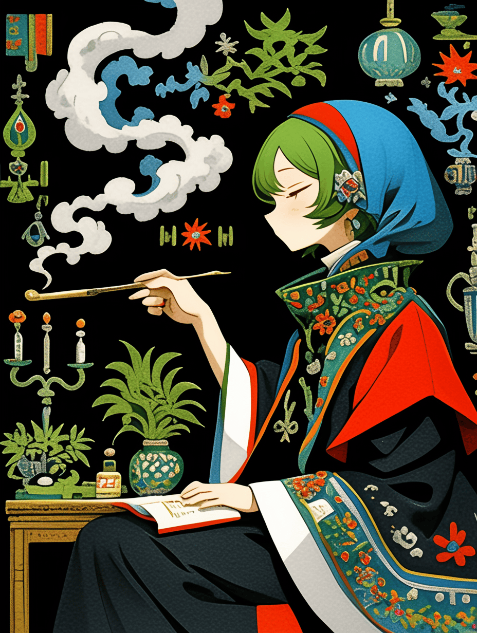 Green-haired woman in ornate embroidered robes holds a long pipe emitting stylized white smoke against black background.