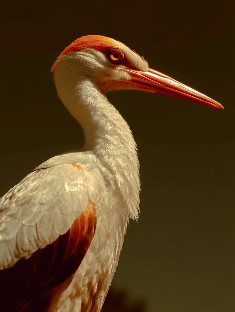 Profile of a white cattle egret with orange crest feathers and sharp beak against a dark background.