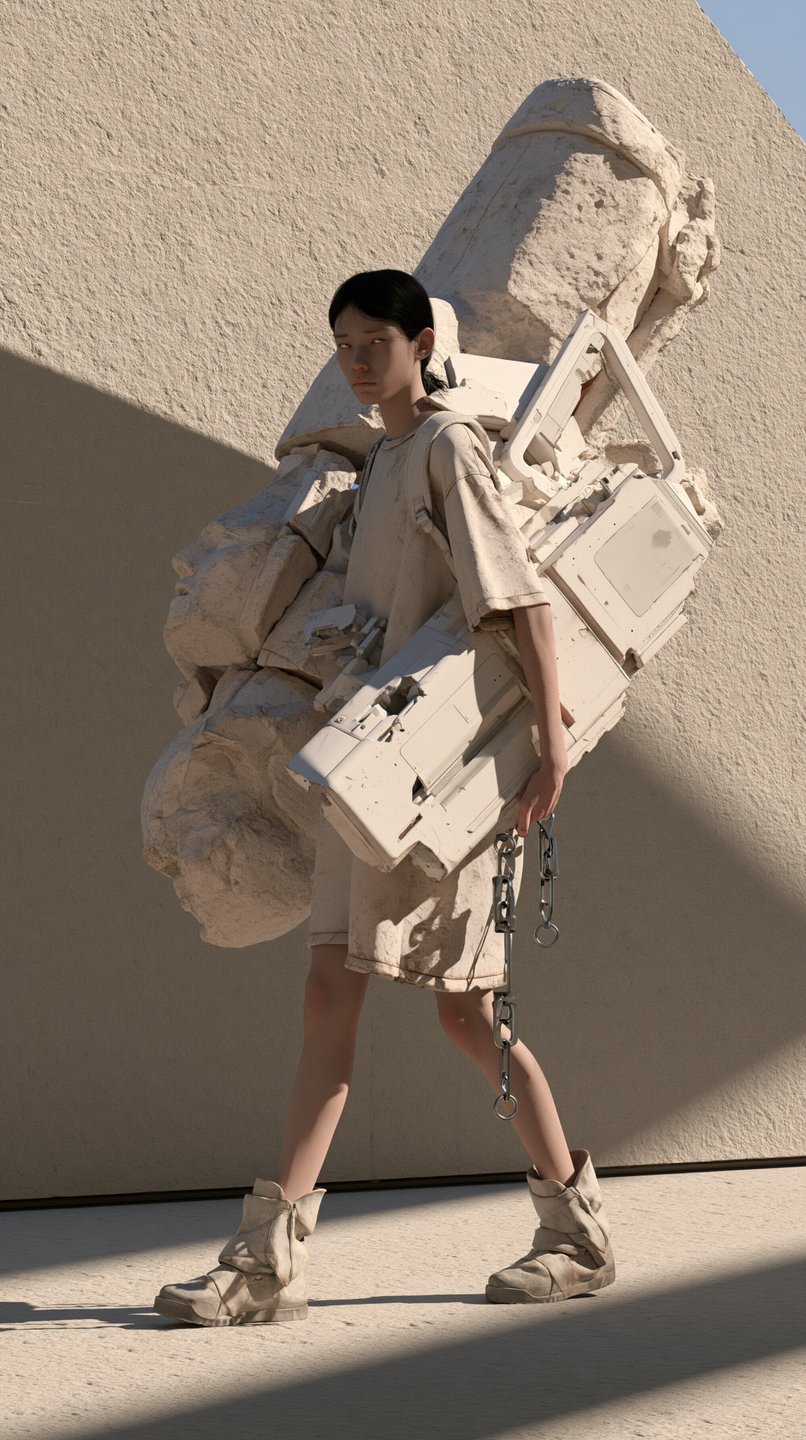 Androgynous model in utilitarian beige clothing carries massive stone ruins and industrial equipment against a textured wall.