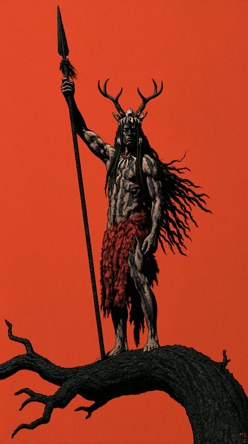An antlered tribal warrior holding a spear stands atop a gnarled black branch against a solid red background.