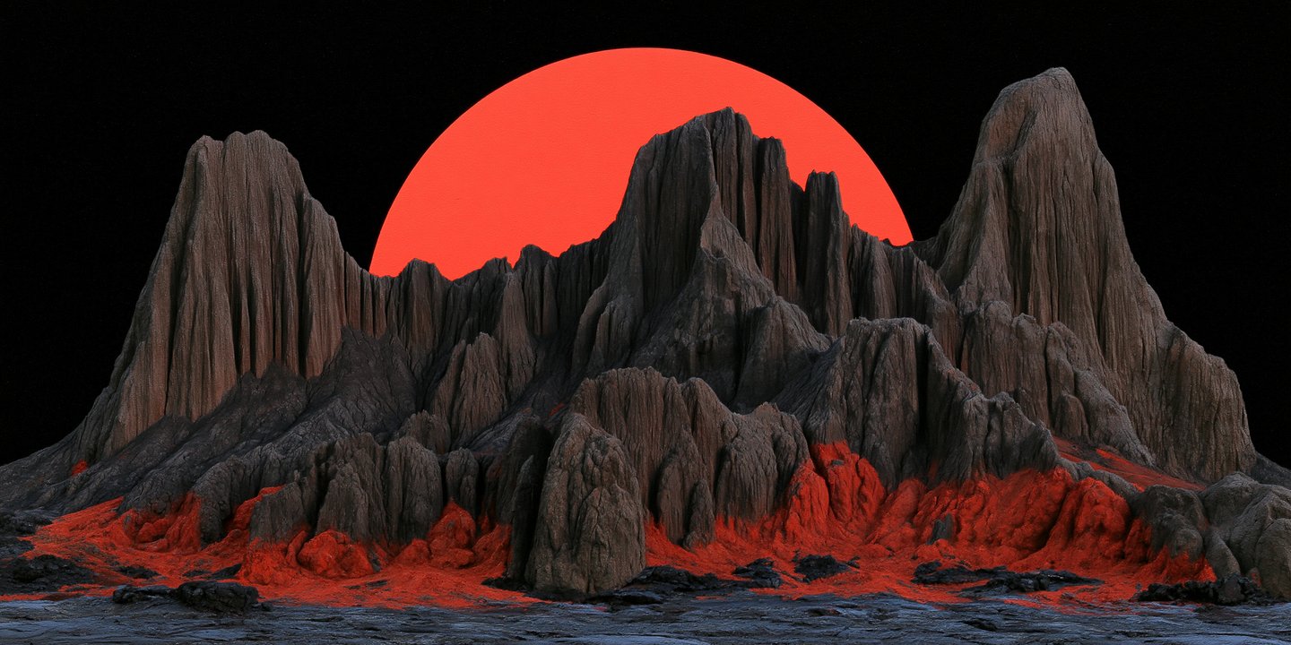 Dark craggy mountain peaks silhouetted against a large minimalist red circular sun on a black background.