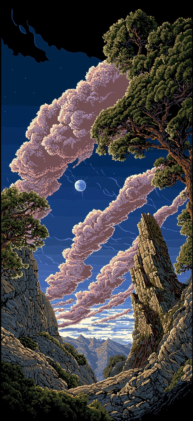 Vertical fantasy landscape of a moonlit canyon with pink clouds trailing between basalt cliffs and pine trees.